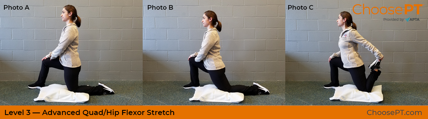 A physical therapist shows how to do a quad/hip flexor stretch.