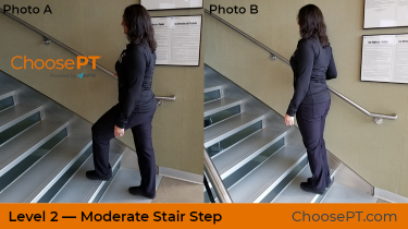 A physical therapist shows how to do a stair step exercise.