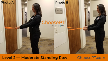 A physical therapist shows how to do a standing row exercise.