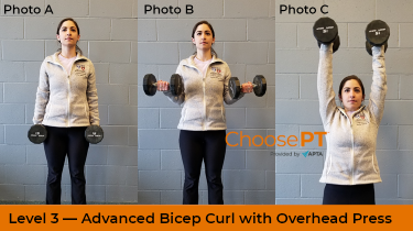 A physical therapist shows how to do bicep curls with overhead press.