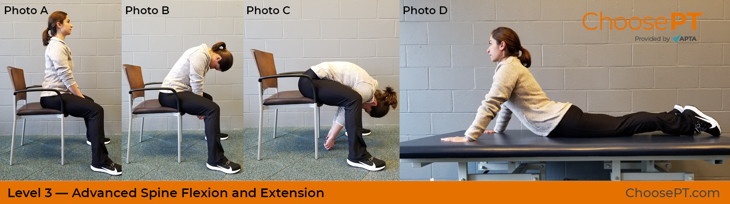 A physical therapist shows how to do a spine flexion and extension exercise.