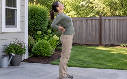 Back Extension A woman standing with her hands on her low back doing a back extension stretch