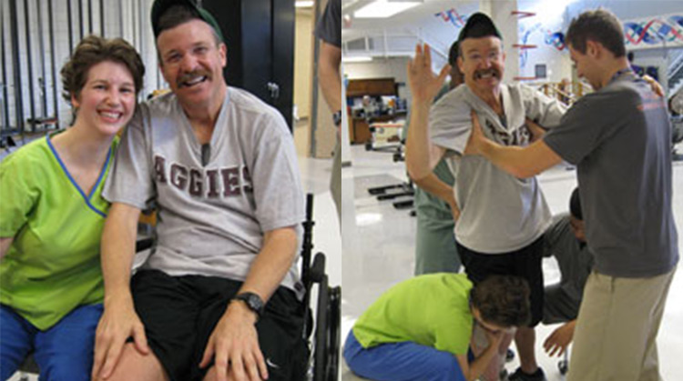 Dr. Eugene Alford sitting in his wheelchair and working with his physical therapist