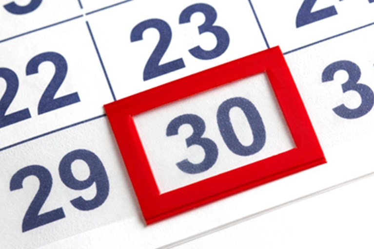 30 days marked on a calendar.