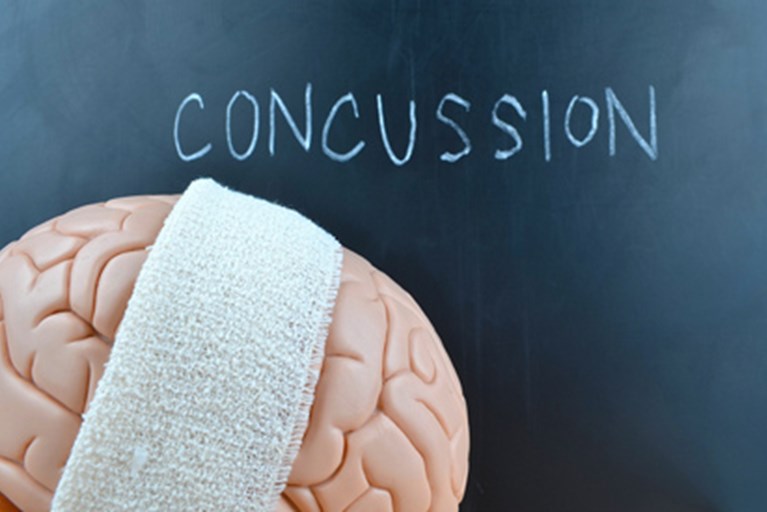 A brain with a bandage and the word concussion spelled out.