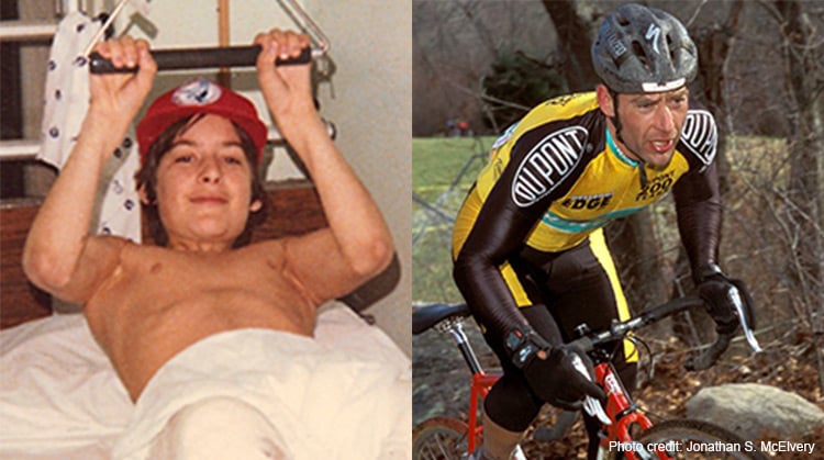 Tim, in a hospital bed after surgery, and riding a bike.