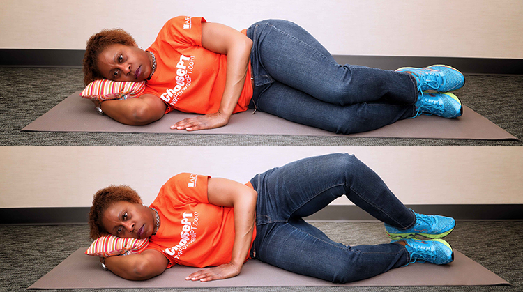 A physical therapist shows how to do a clamshell exercise.