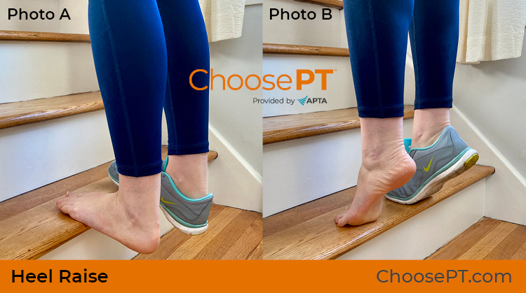 A physical therapist shows how to do heel raise exercises.