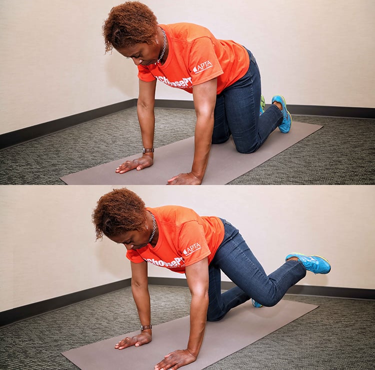 A physical therapist shows how to do the hydrant leg lift exercise.