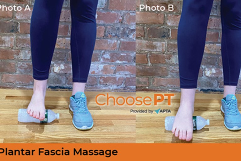 A physical therapist demonstrates plantar fascia massage with a frozen water bottle.