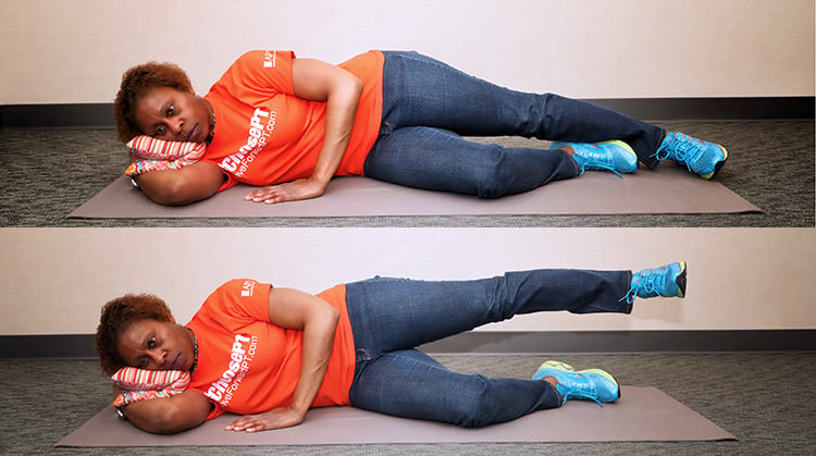 A physical therapist shows how to do a sidelying hip abduction exercise.