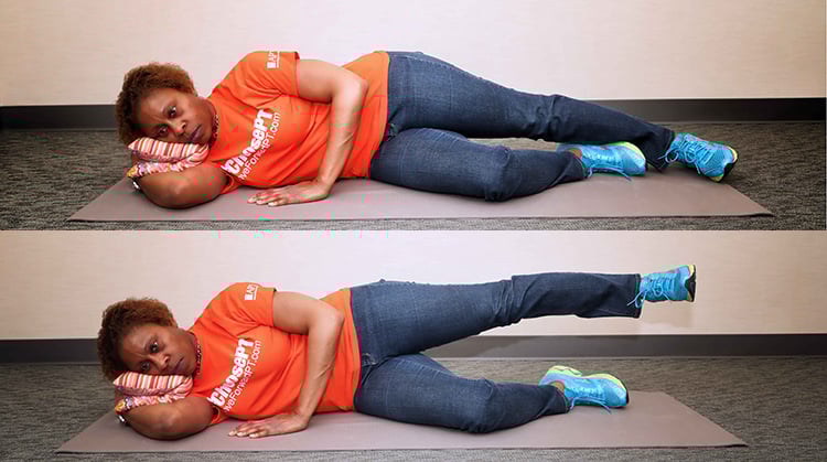 A physical therapist shows how to do a sidelying hip abduction exercise.