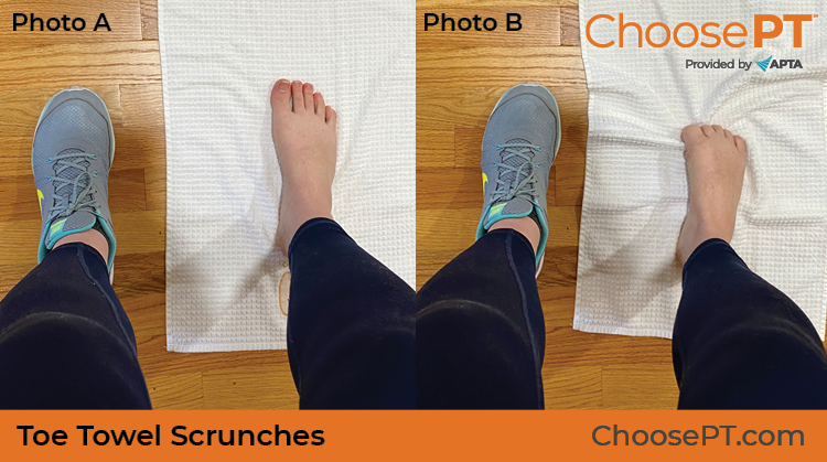 A physical therapist shows how to do toe towel scrunch exercises.