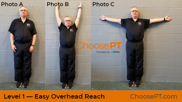 A physical therapist shows how to do an overhead reach.