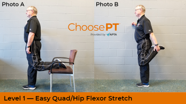 A physical therapist shows how to do a quad/hip flexor stretch.