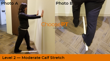 A physical therapist shows how to do a calf stretch.