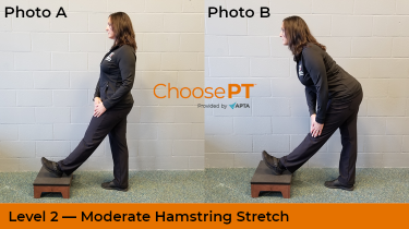 A physical therapist shows how to do a hamstring stretch.