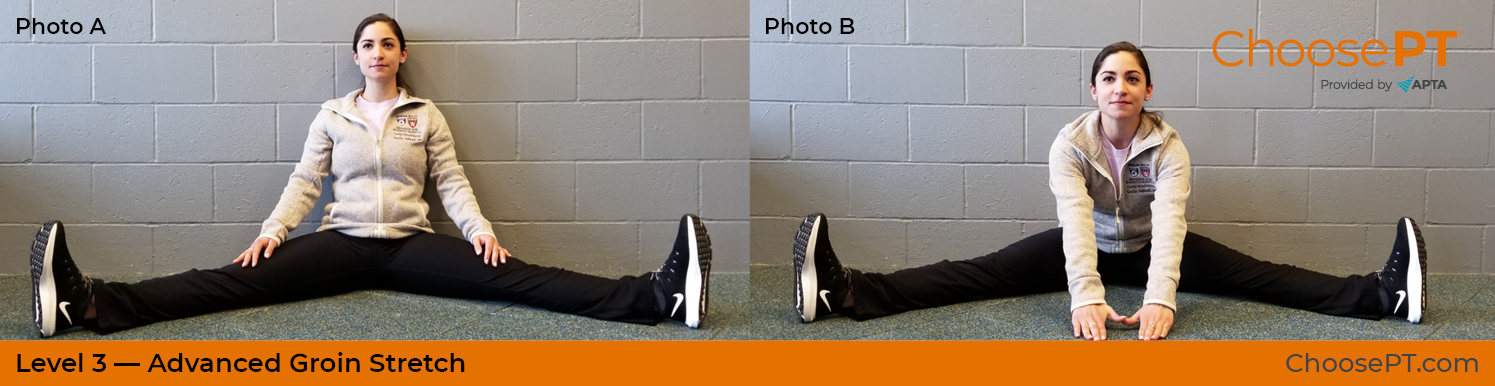 A physical therapist shows how to do a groin stretch.