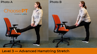A physical therapist shows how to do a hamstring stretch.