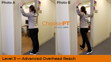 A physical therapist shows how to do an overhead reach.