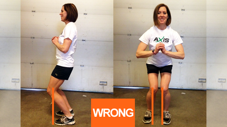 A physical therapist showing the wrong way to do double leg squats.