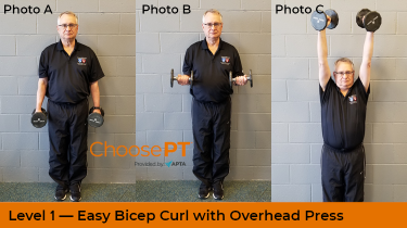 A physical therapist shows how to do a bicep curl with overhead press exercise.
