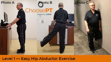 A physical therapist showing how to do a hip abductor exercise.