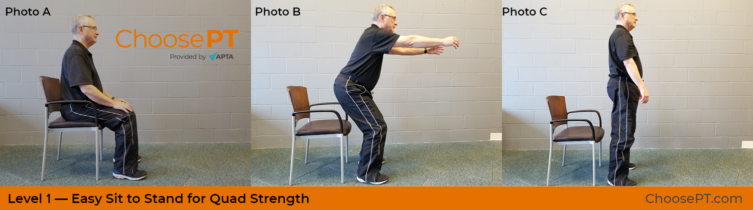A physical therapist shows how to do a sit-to-stand exercise.