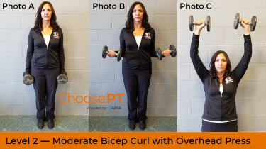 A physical therapist shows how to do a bicep curl with overhead press.