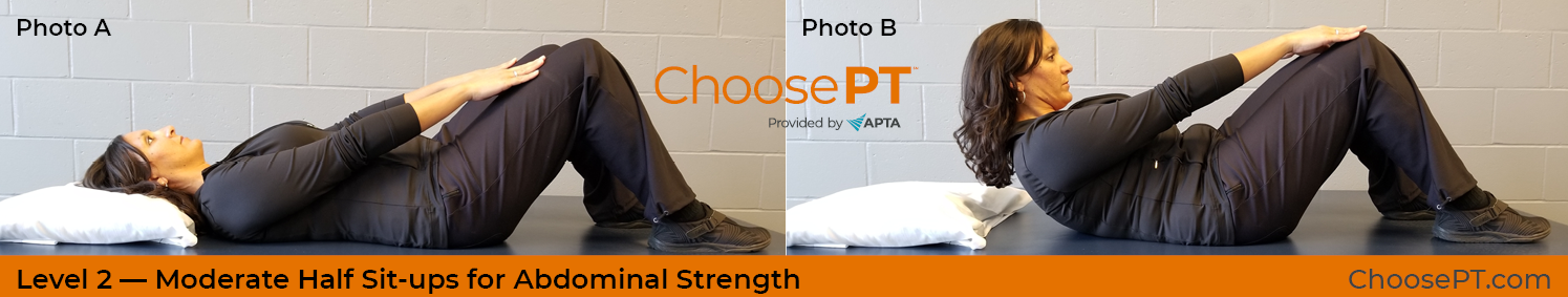 A physical therapist shows how to do half sit-ups for abdominal strength.