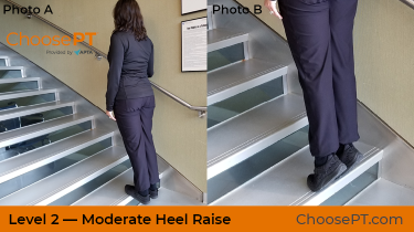 A physical therapist shows how to do a heel raise exercise on stairs.