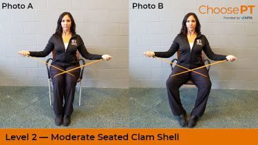 A physical therapist demonstrating a seated clamshell exercise.