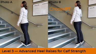 A physical therapist shows how to do heel raise exercises on stairs.