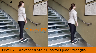 A physical therapist shows how to stair dip exercises.