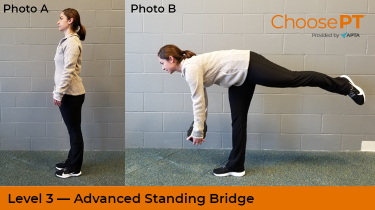 A physical therapist shows how to do a standing bridge exercise.