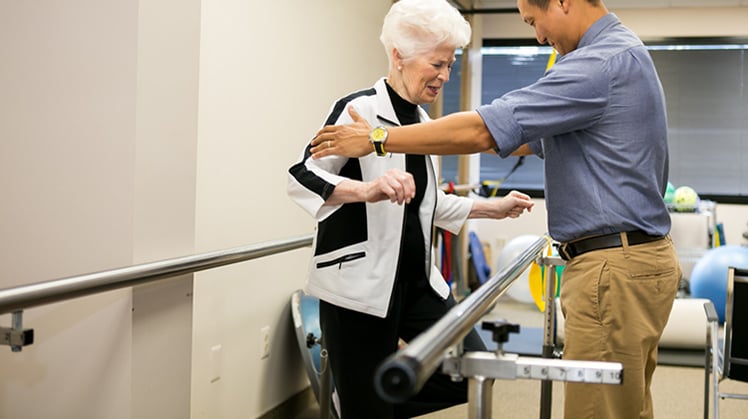 A physical therapist working with an older adult.