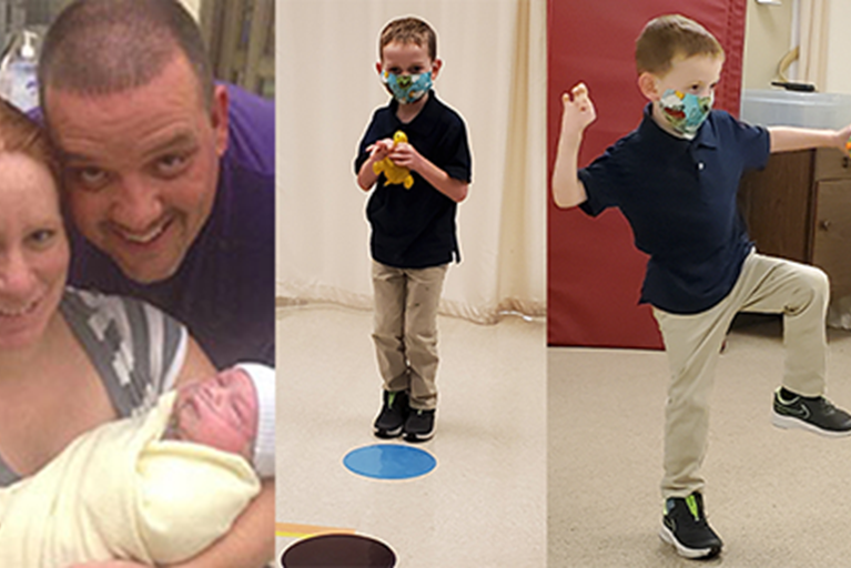 A collage of photos of Eli Starkey and his parents.