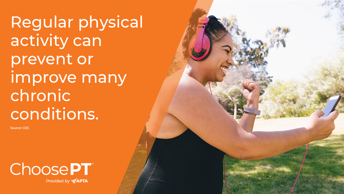 A person walking outdoors listening to music with words that say regular physical activity improves chronic conditions