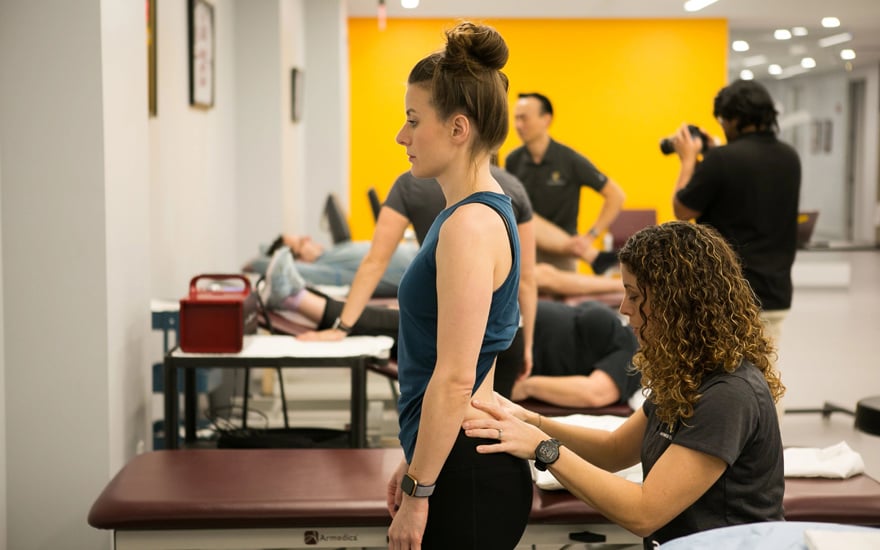 A physical therapist assesses a person's low back.