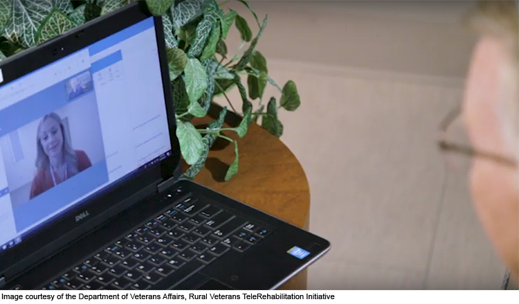 Physical therapist on laptop screen instructing a patient.